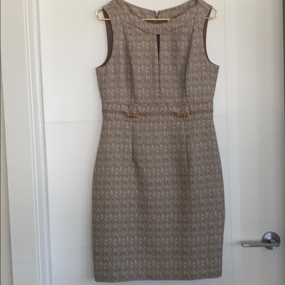 TAHARI, TAN AND CREAM TWEED DRESS